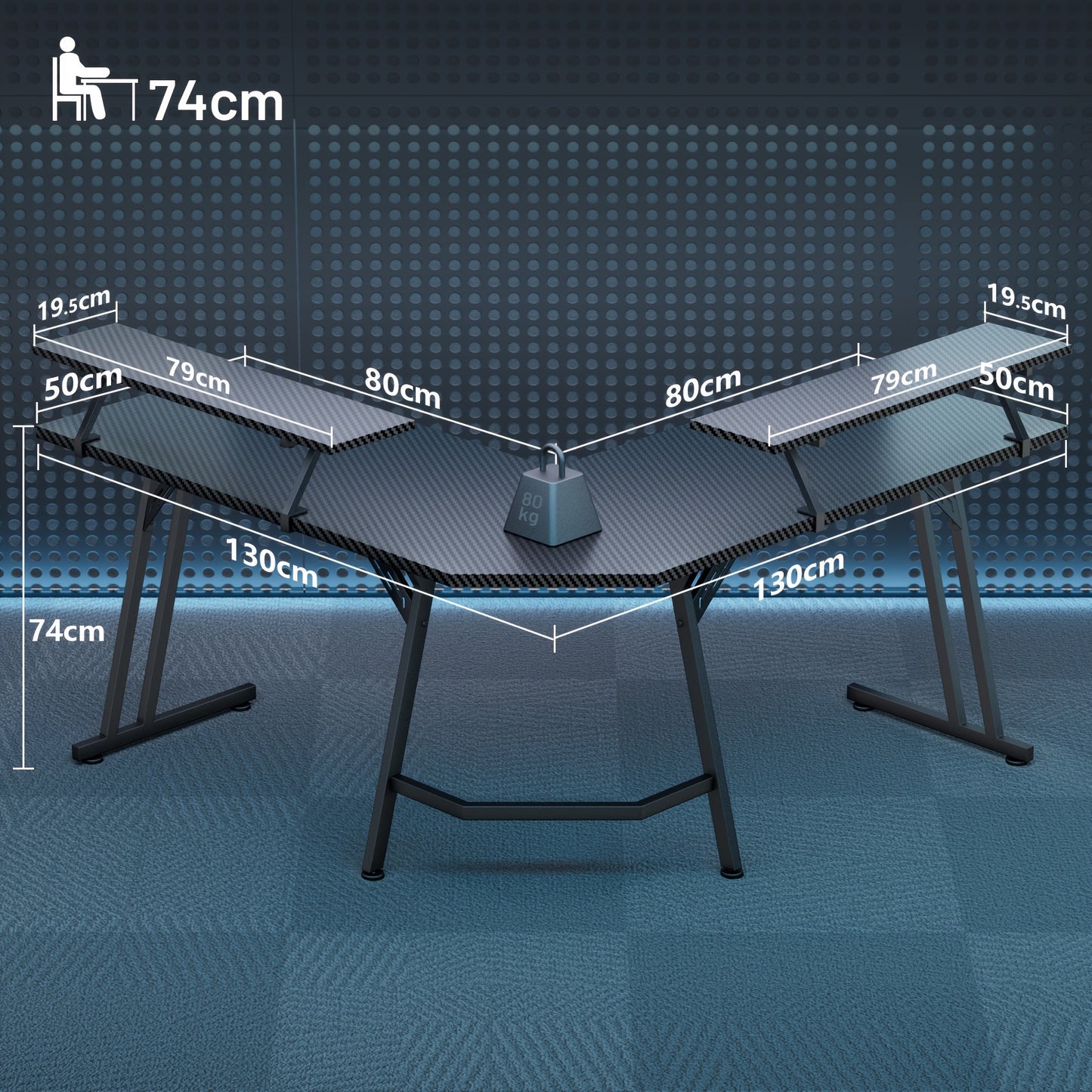 HLONONE 51-inch (130x130cm) Large L-Shaped Gaming Desk with RGB LED Lighting, USB-Powered Corner Computer Desk with Monitor Stand, Spacious Workstation for PC, Office & Study, Easy Assembly, Sturdy Hardwood-like Construction,