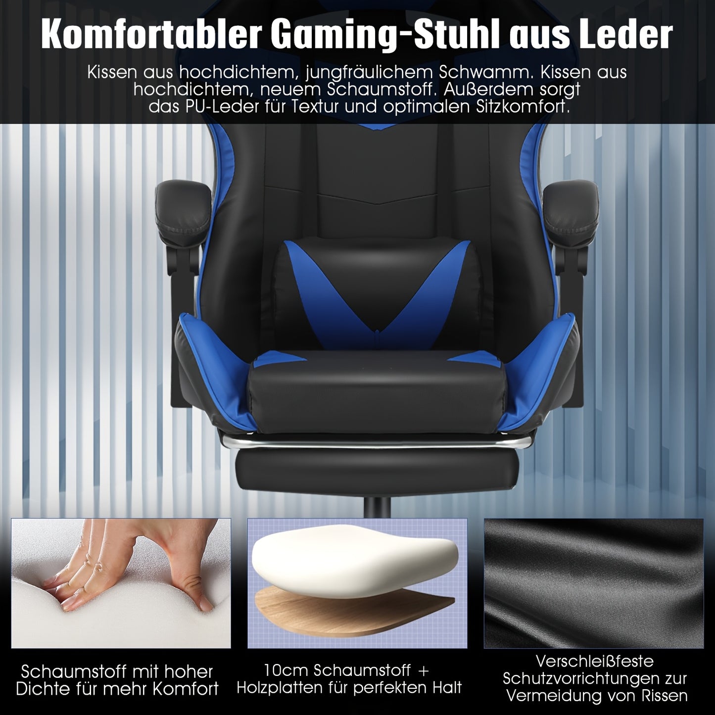 Ergonomic Gaming Chair - Black & Blue, Height Adjustable, Reclining Backrest, Swivel E-Sports Chair With Lumbar Support For Home & Office