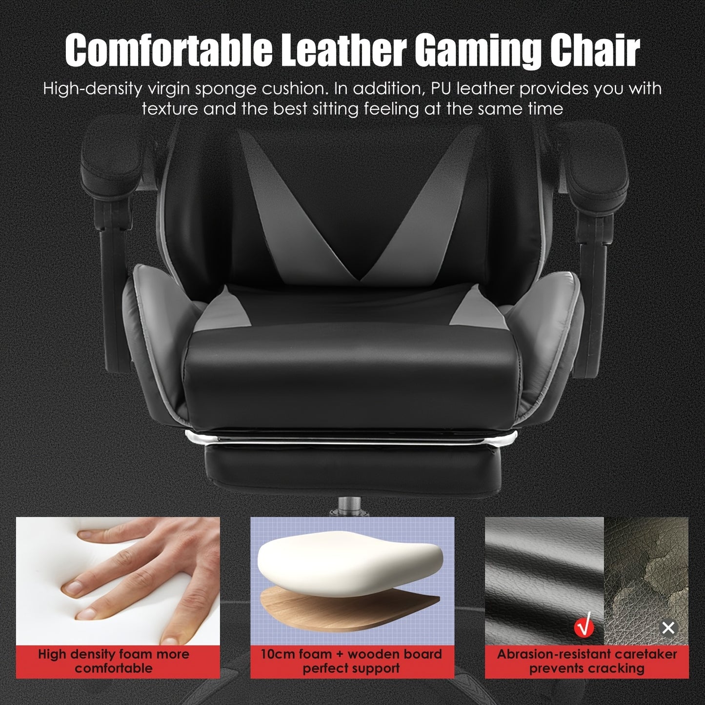 Kehot Gaming Chair with Massage Function, Adjustable Footrest & Foldable Base - Ergonomic Mesh Backrest, 360° Swivel, High-Density Foam Cushion - Black & Gray for Home Office & Gaming Setup, Gaming Chair for Desk, Office Com
