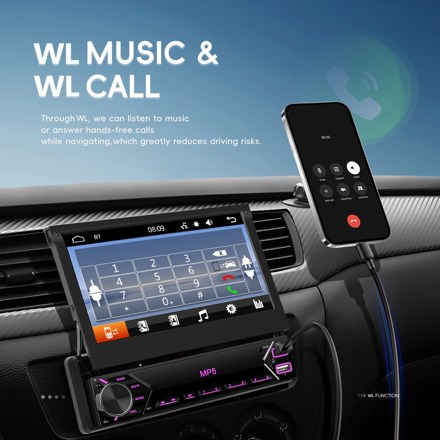 7-Inch EQ 1080P HD Retractable Display Car Stereo with microphones(free), Mirror Link, USB & AUX Inputs, FM Radio, SWC Colorful Backlight Calendar Viewing Calculator Car MP5 Car Multimedia Player Autoradio Connection Manual T