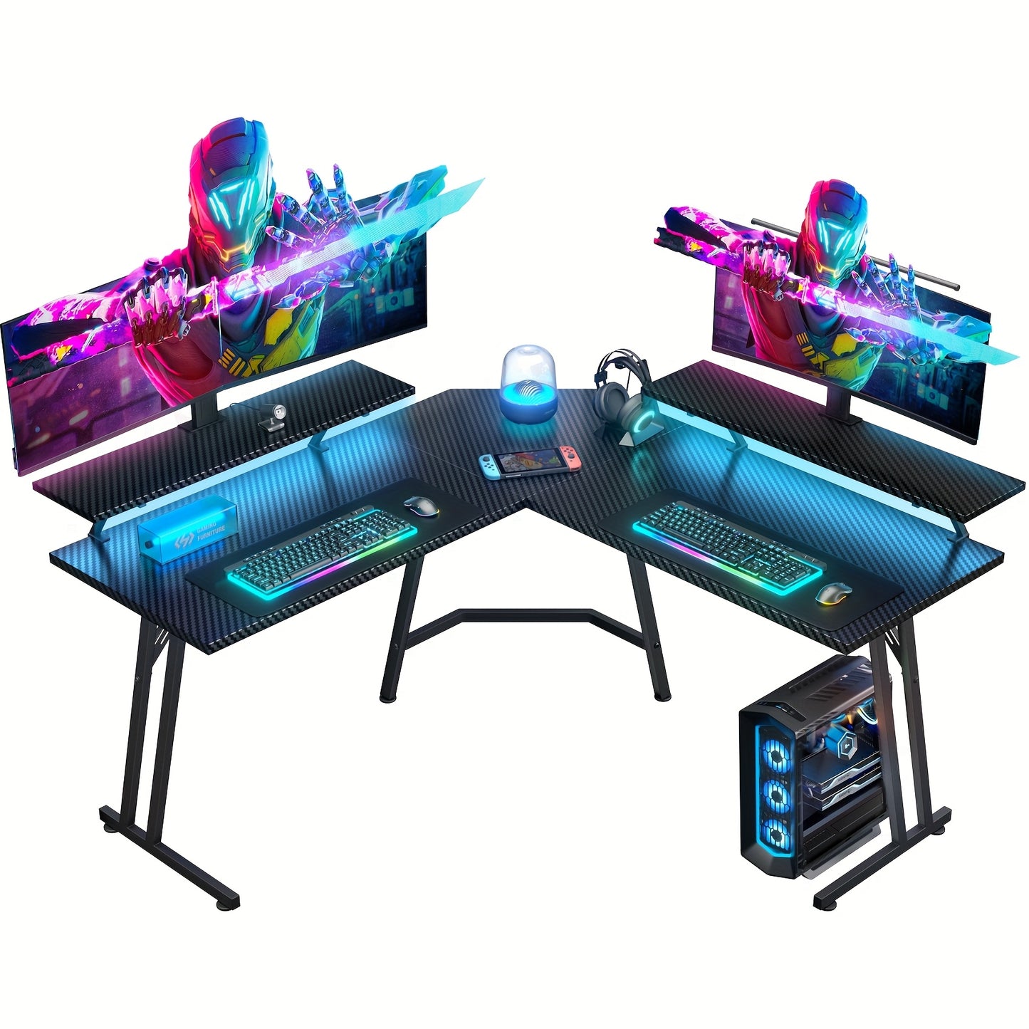 HLONONE 51-inch (130x130cm) Large L-Shaped Gaming Desk with RGB LED Lighting, USB-Powered Corner Computer Desk with Monitor Stand, Spacious Workstation for PC, Office & Study, Easy Assembly, Sturdy Hardwood-like Construction,