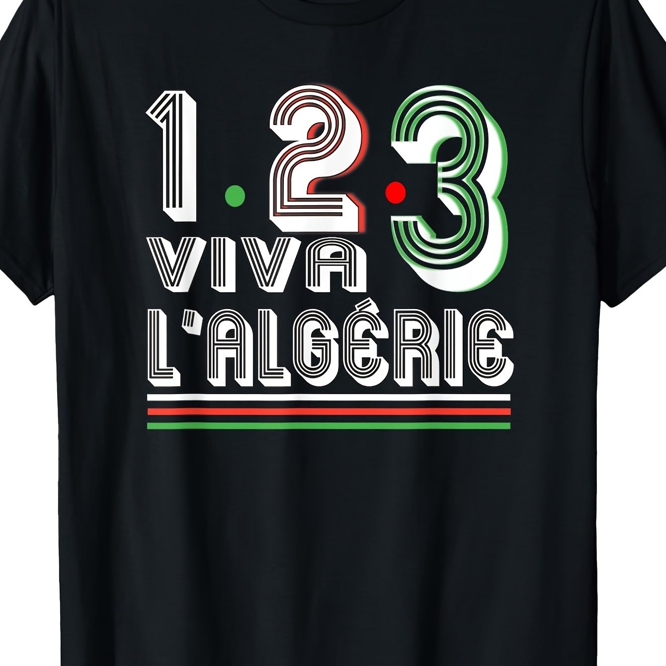 Men'S Algeria Football Fan T-Shirt - 1 2 3 Viva Algeria Graphic Print, Black with Green and Red Accents, Comfortable Cut, Crew Neck Short Sleeve T-Shirt, Great for Casual Wear and Sporting Events, Perfect Gift, Collectible T-