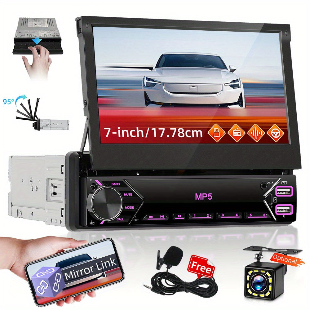 7-Inch EQ 1080P HD Retractable Display Car Stereo with microphones(free), Mirror Link, USB & AUX Inputs, FM Radio, SWC Colorful Backlight Calendar Viewing Calculator Car MP5 Car Multimedia Player Autoradio Connection Manual T