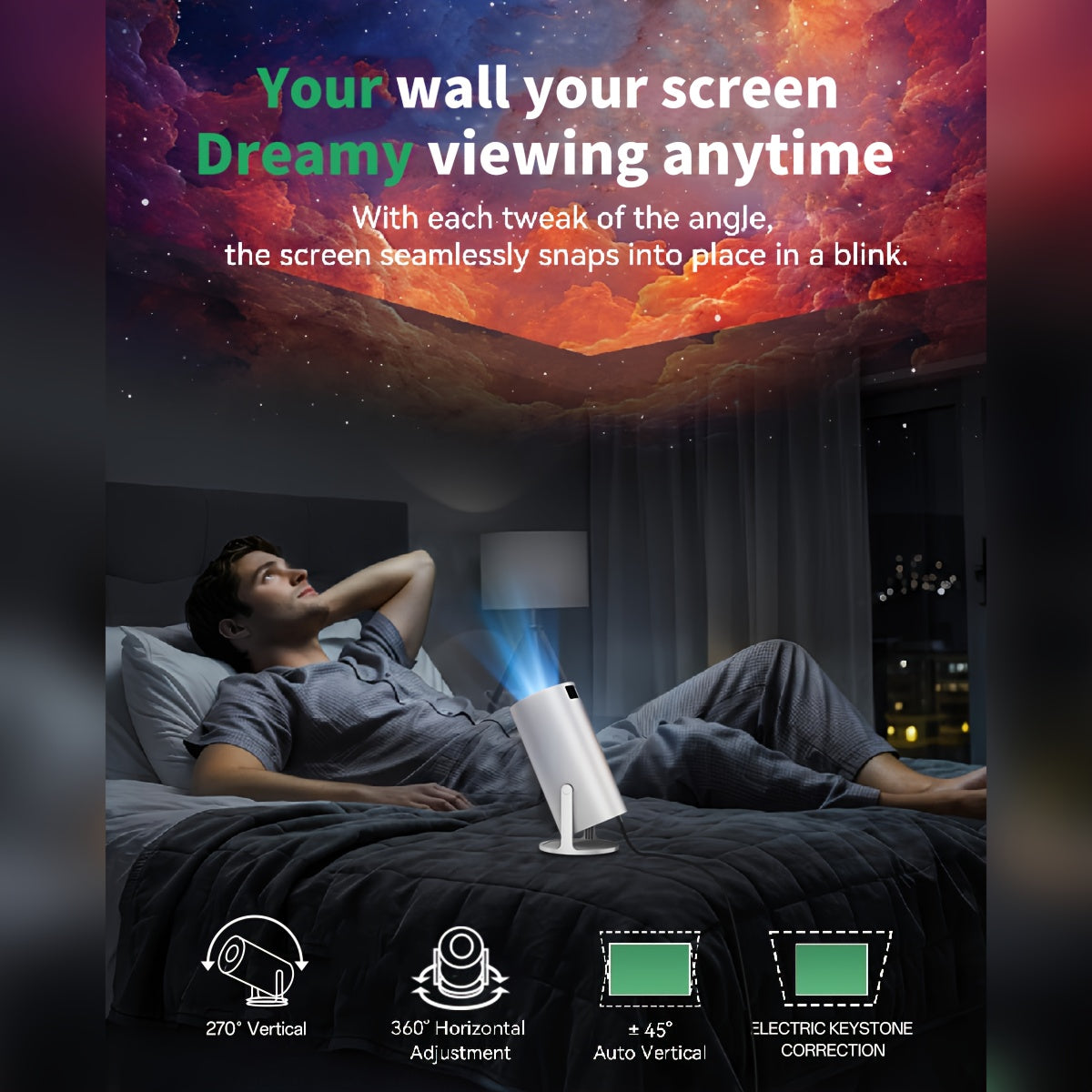 1080P Projector Portable Mini, Fast Focusing, Low Noise Design, Multi-Device Connection, Ideal for Camping, Home Theater, Travel, Office Use, Gift-Ready