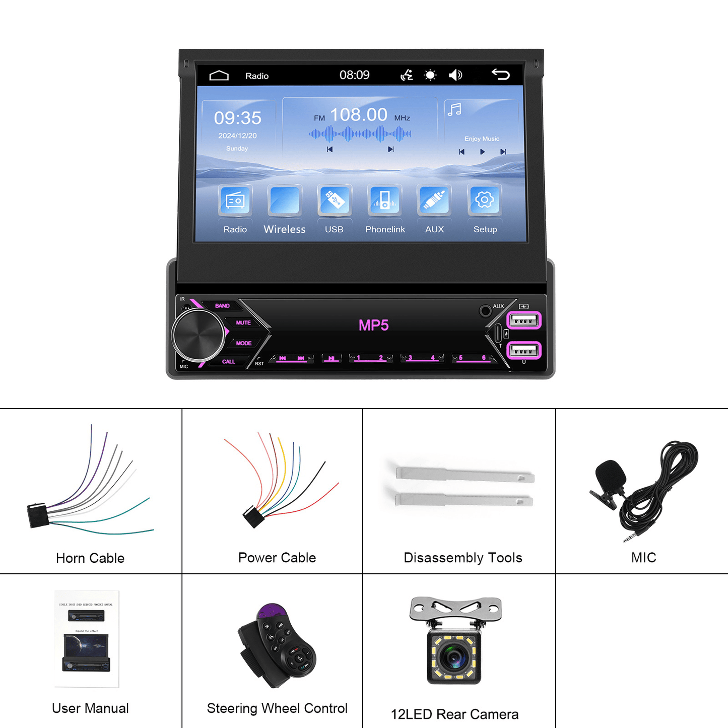 7-Inch EQ 1080P HD Retractable Display Car Stereo with microphones(free), Mirror Link, USB & AUX Inputs, FM Radio, SWC Colorful Backlight Calendar Viewing Calculator Car MP5 Car Multimedia Player Autoradio Connection Manual T