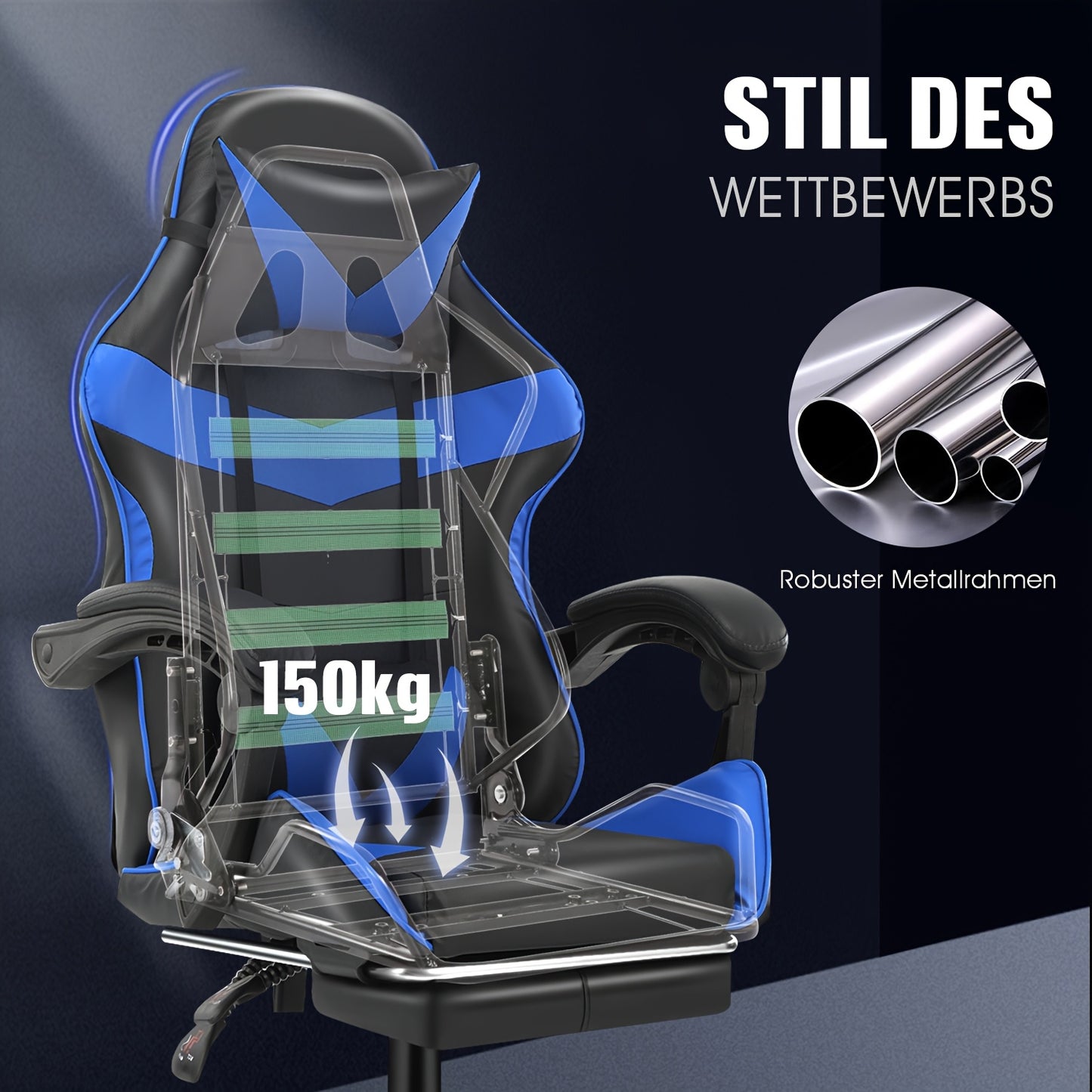 Ergonomic Gaming Chair - Black & Blue, Height Adjustable, Reclining Backrest, Swivel E-Sports Chair With Lumbar Support For Home & Office