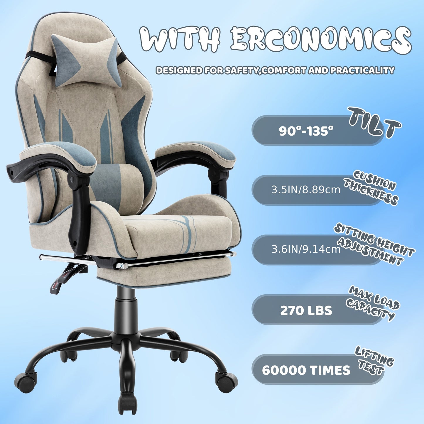 Ergonomic Gaming Chair with Footrest & Adjustable Backrest Support - Heavy-Duty Metal Frame, Soft Cushioned Seat & Manual Recline Handle - Office Computer Desk Chair for Adults, Racing Style Gaming, Home Office & PC Setup - G