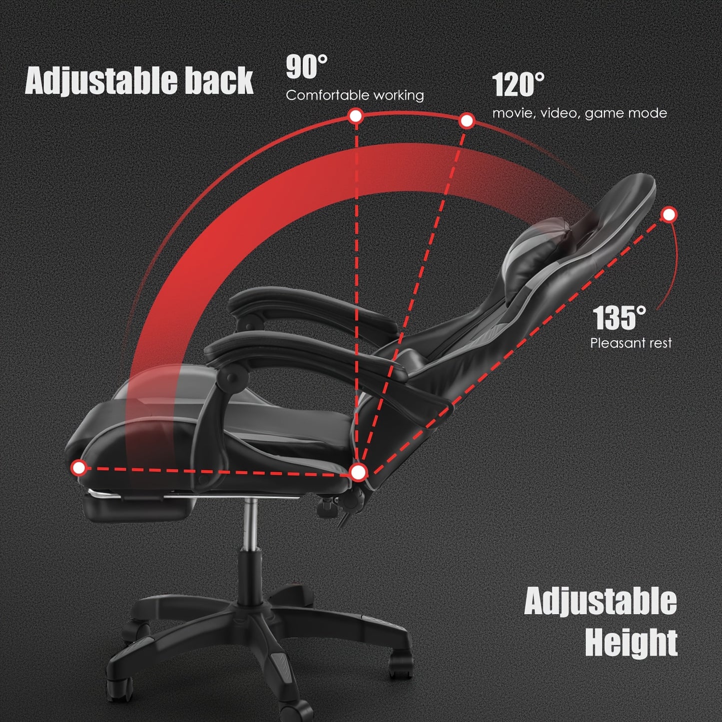 Kehot Gaming Chair with Massage Function, Adjustable Footrest & Foldable Base - Ergonomic Mesh Backrest, 360° Swivel, High-Density Foam Cushion - Black & Gray for Home Office & Gaming Setup, Gaming Chair for Desk, Office Com