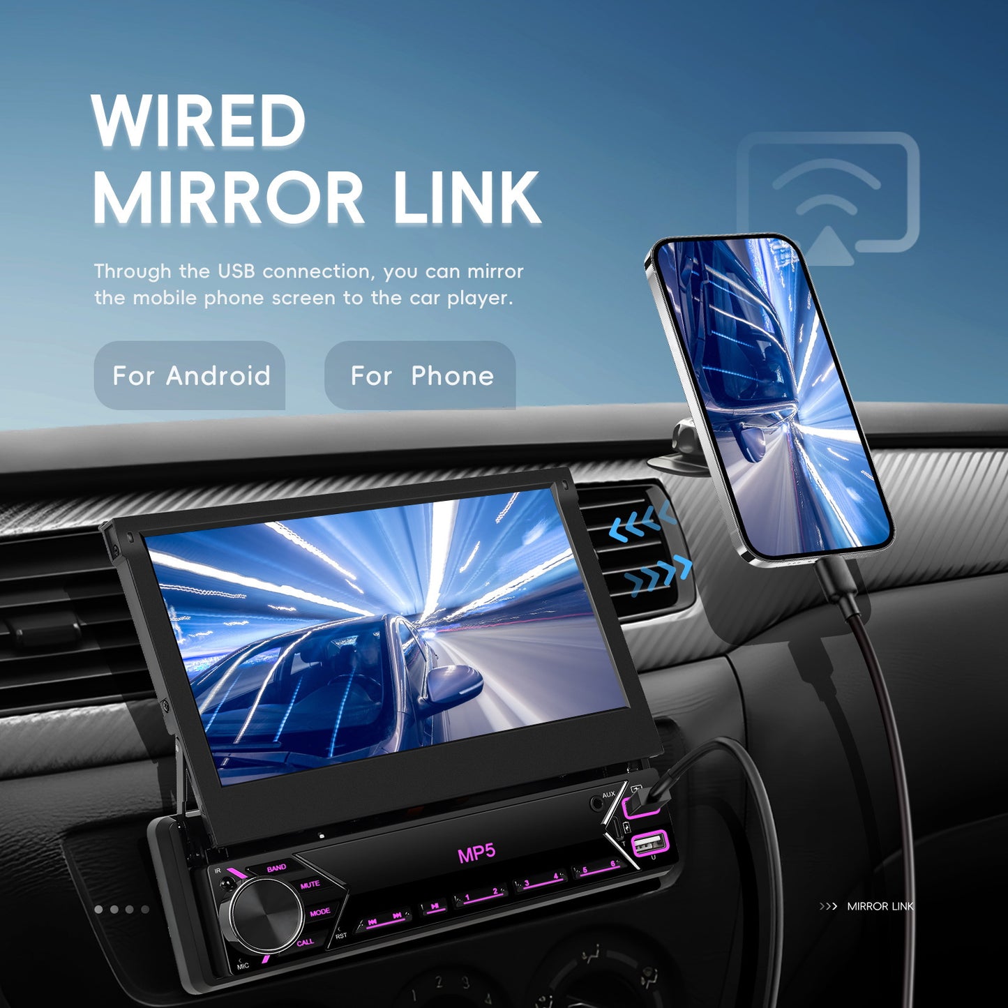 7-Inch EQ 1080P HD Retractable Display Car Stereo with microphones(free), Mirror Link, USB & AUX Inputs, FM Radio, SWC Colorful Backlight Calendar Viewing Calculator Car MP5 Car Multimedia Player Autoradio Connection Manual T