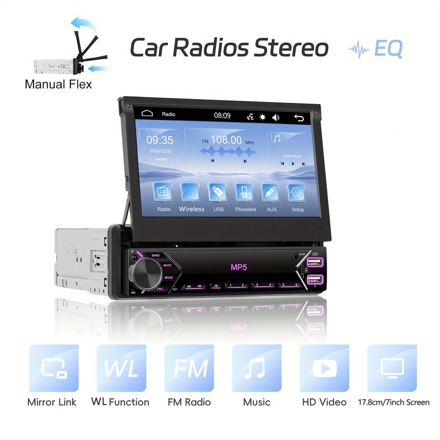 7-Inch EQ 1080P HD Retractable Display Car Stereo with microphones(free), Mirror Link, USB & AUX Inputs, FM Radio, SWC Colorful Backlight Calendar Viewing Calculator Car MP5 Car Multimedia Player Autoradio Connection Manual T