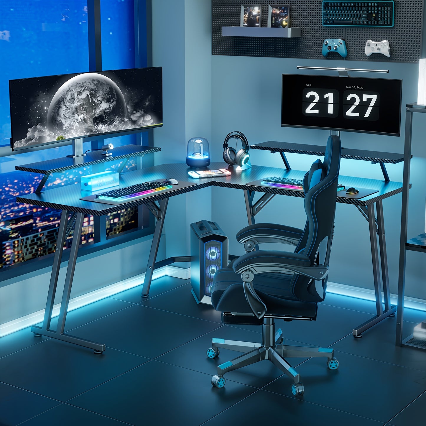 HLONONE 51-inch (130x130cm) Large L-Shaped Gaming Desk with RGB LED Lighting, USB-Powered Corner Computer Desk with Monitor Stand, Spacious Workstation for PC, Office & Study, Easy Assembly, Sturdy Hardwood-like Construction,