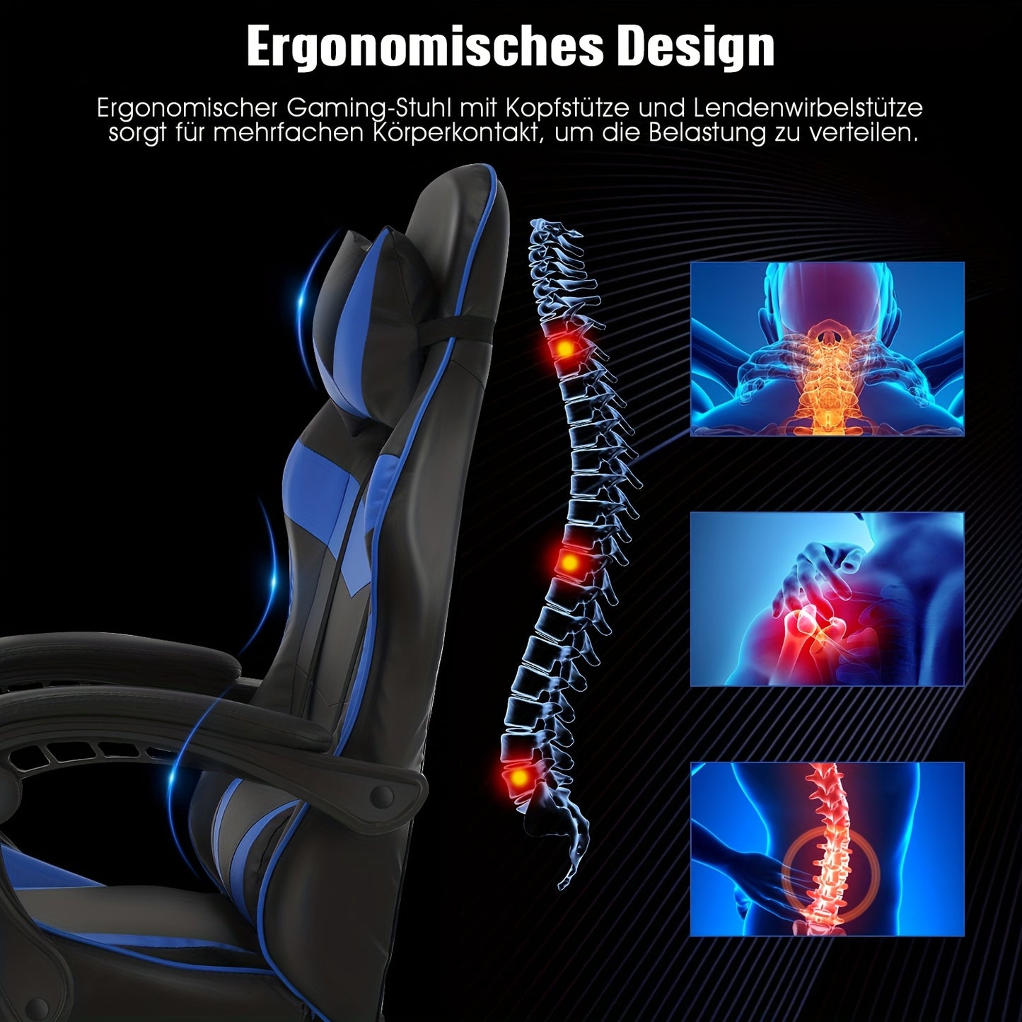 Ergonomic Gaming Chair - Black & Blue, Height Adjustable, Reclining Backrest, Swivel E-Sports Chair With Lumbar Support For Home & Office