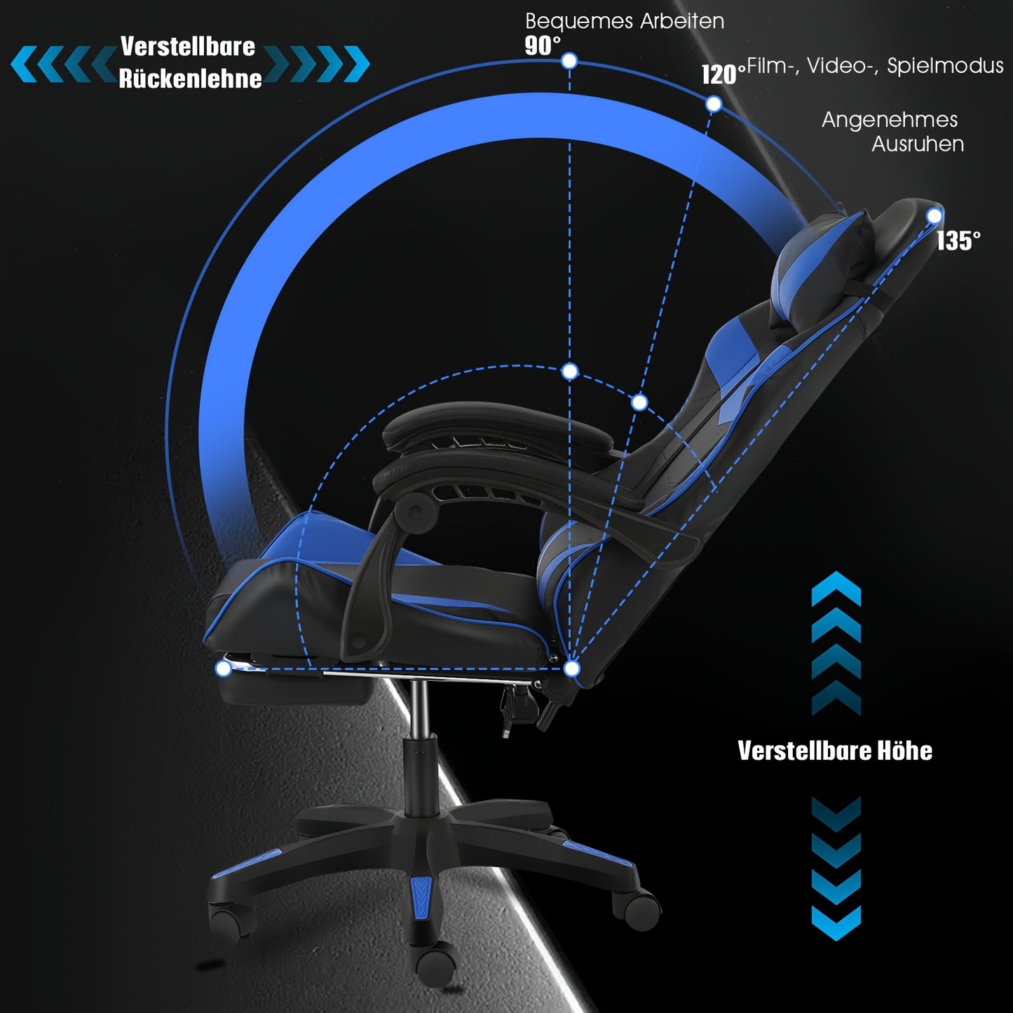 Ergonomic Gaming Chair - Black & Blue, Height Adjustable, Reclining Backrest, Swivel E-Sports Chair With Lumbar Support For Home & Office