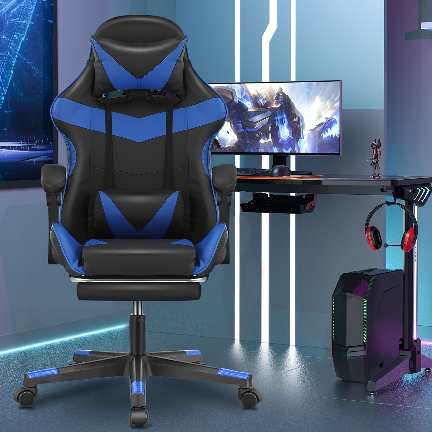 Ergonomic Gaming Chair - Black & Blue, Height Adjustable, Reclining Backrest, Swivel E-Sports Chair With Lumbar Support For Home & Office