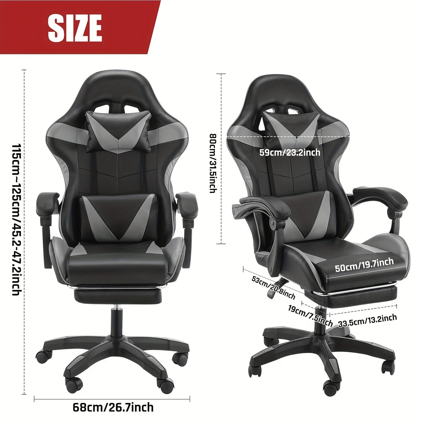 Kehot Gaming Chair with Massage Function, Adjustable Footrest & Foldable Base - Ergonomic Mesh Backrest, 360° Swivel, High-Density Foam Cushion - Black & Gray for Home Office & Gaming Setup, Gaming Chair for Desk, Office Com