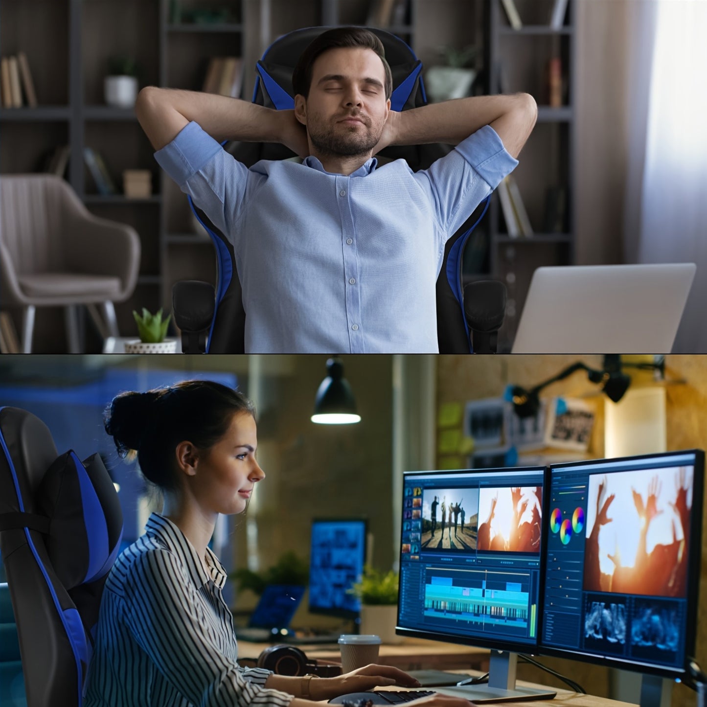 Ergonomic Gaming Chair - Black & Blue, Height Adjustable, Reclining Backrest, Swivel E-Sports Chair With Lumbar Support For Home & Office