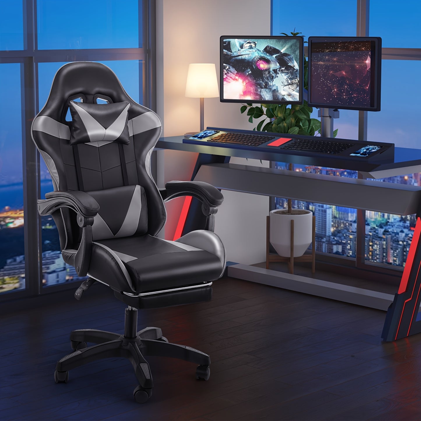 Kehot Gaming Chair with Massage Function, Adjustable Footrest & Foldable Base - Ergonomic Mesh Backrest, 360° Swivel, High-Density Foam Cushion - Black & Gray for Home Office & Gaming Setup, Gaming Chair for Desk, Office Com