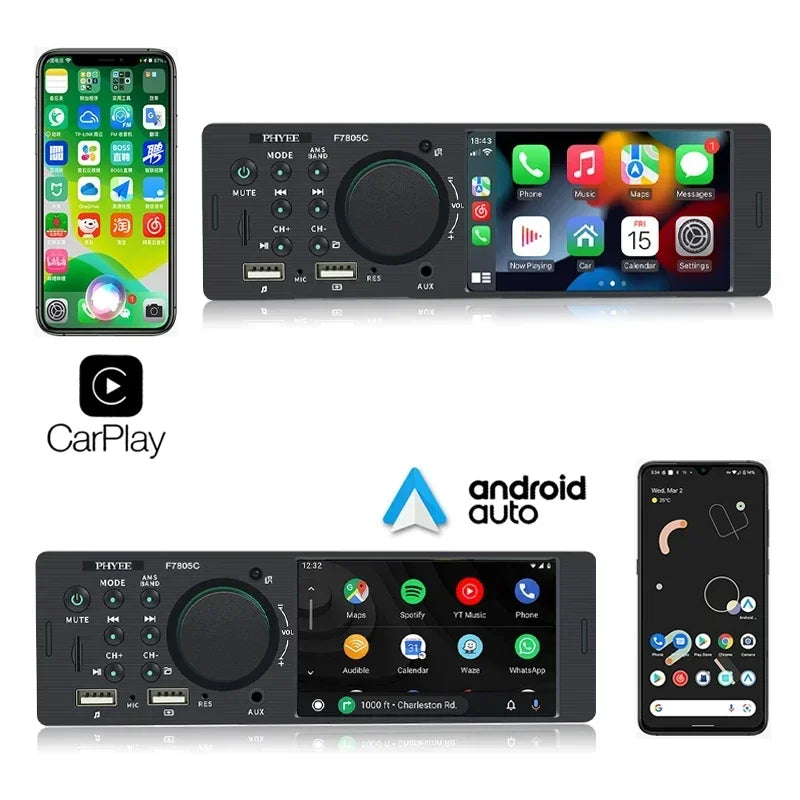 Autoradio CarPlay, Bluetooth, Android Auto, Lecteur MP5, Mains Libres, A2DP, USB, Stéréo, Système Audio, Limitation, Unité Principale, F7805C, 1 Din, 4"