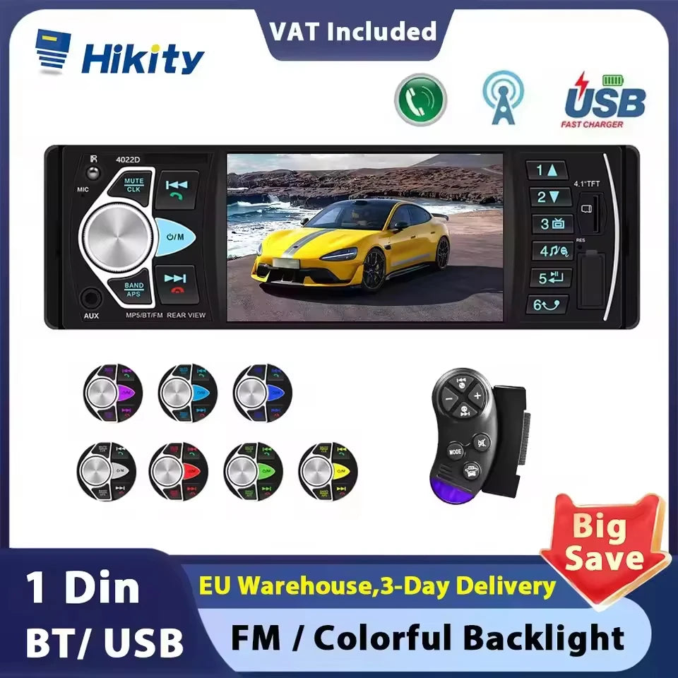 Hikity 4.1 ''autoradio 1Din Audio stéréo voiture lecteur MP5 récepteur FM Bluetooth volant télécommande Support TF carte Cam