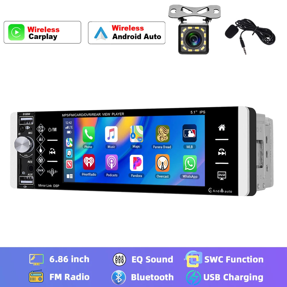 Hikity Carplay 5.1 ''HD 1 Din autoradio lecteur MP5 avec Bluetooth récepteur Radio FM Support TF/USB FM AM RDS USB lien miroir