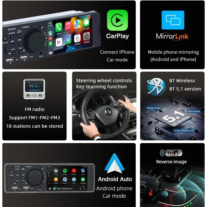 Autoradio CarPlay, Bluetooth, Android Auto, Lecteur MP5, Mains Libres, A2DP, USB, Stéréo, Système Audio, Limitation, Unité Principale, F7805C, 1 Din, 4"