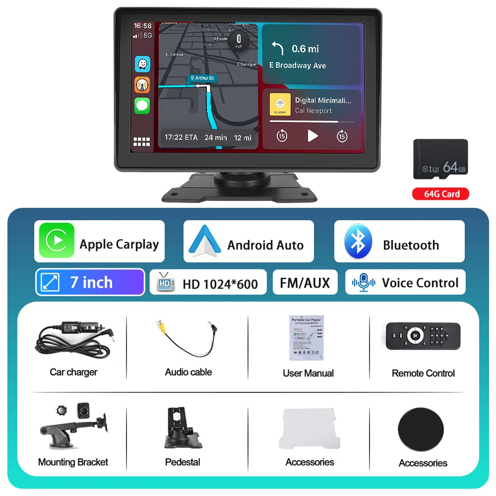 Hikity-Lecteur MP5 sans fil universel pour voiture, écran Carplay, radio FM, récepteur, prise en charge de la capture d'écran de vue arrière, Android Auto, 7 pouces