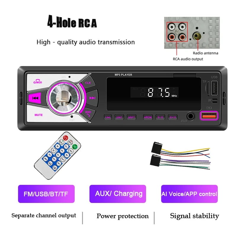 Autoradio universel lecteur MP3 FM/BT/AUX/USB/TF/téléphone portable charge 7 couleurs lumières câblage Protection voiture Audio