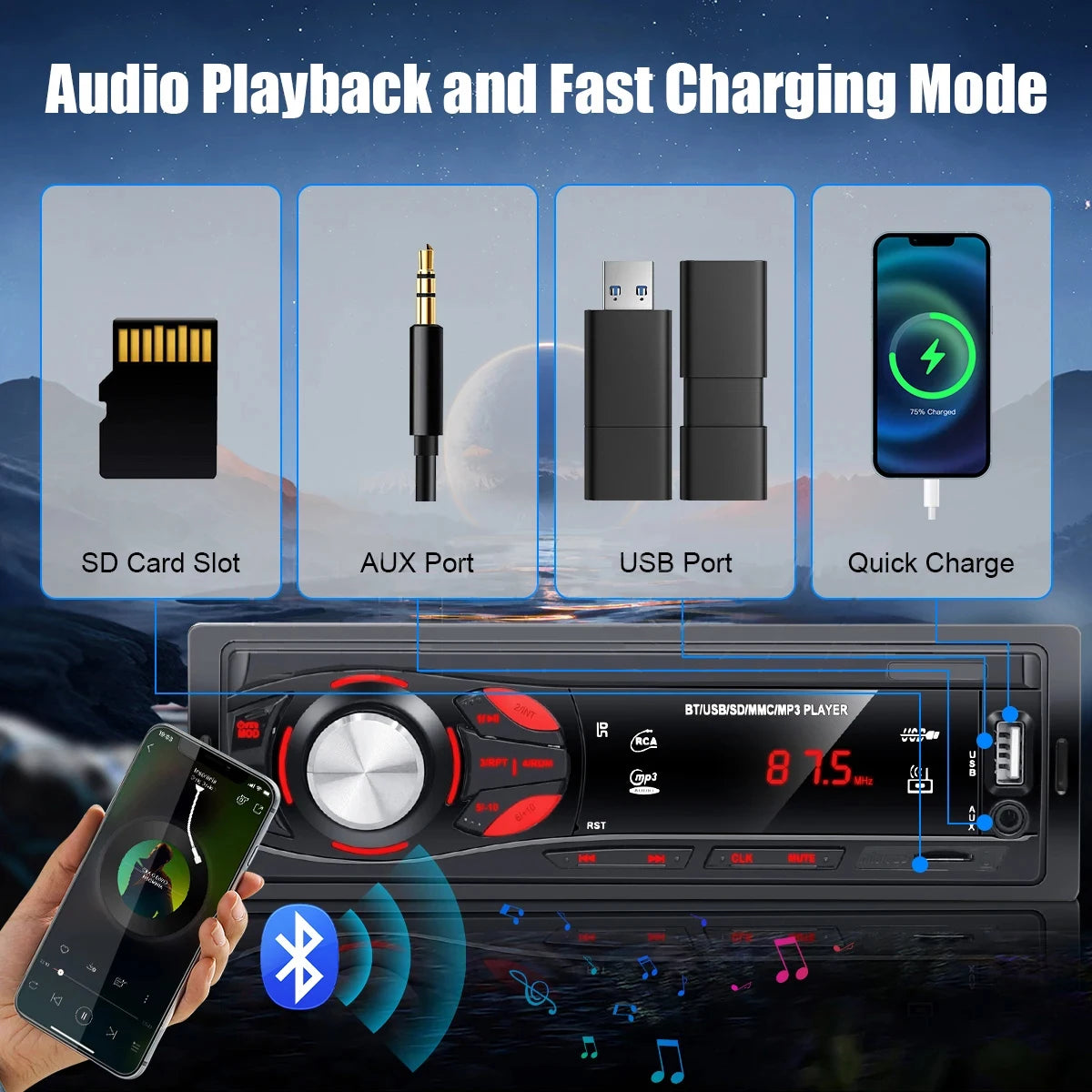 Autoradio PHONEPACE Bluetooth 4x15W voiture Audio FM Radio lecteur MP3 USB/SD/AUX appel mains libres avec télécommande sans fil