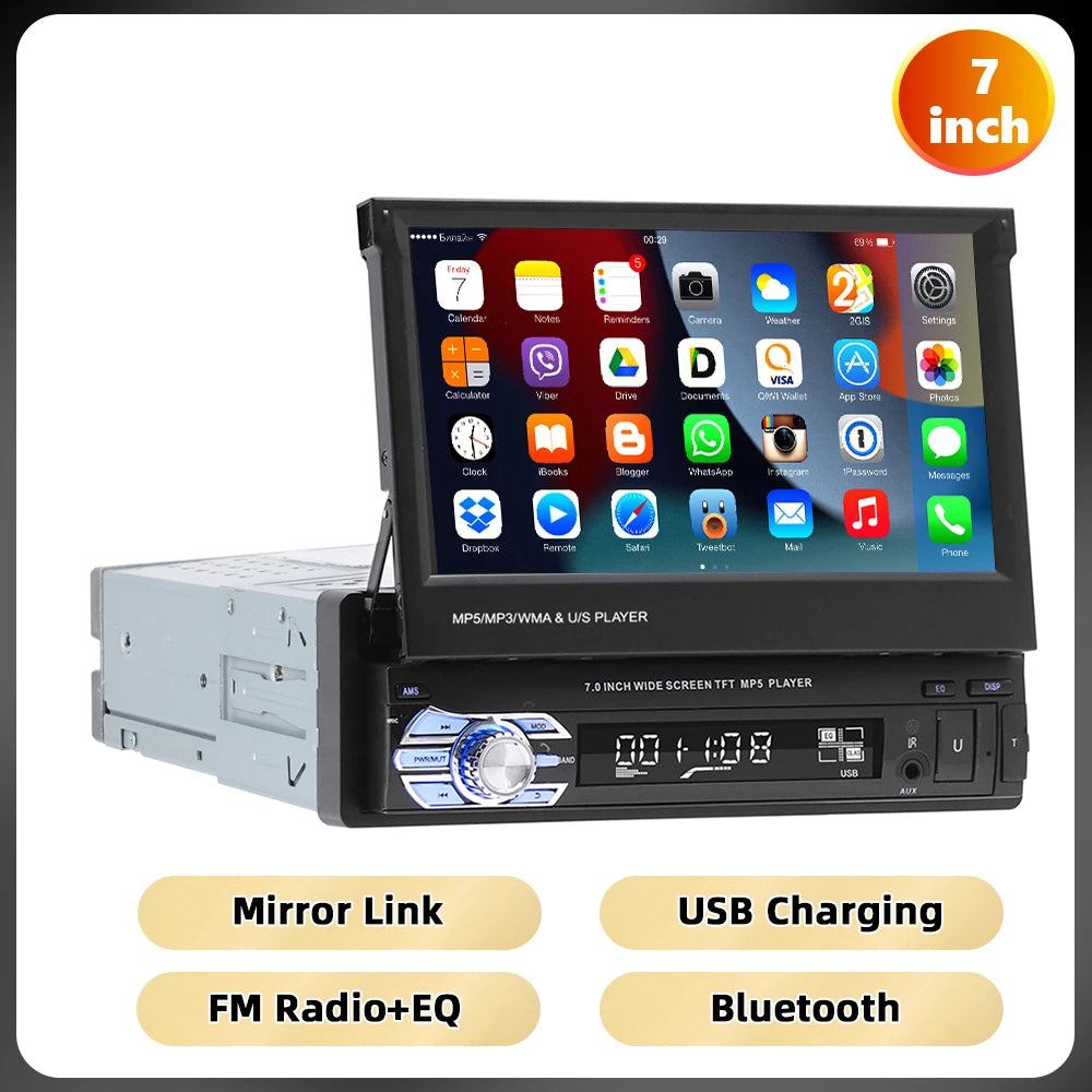 Autoradio avec écran tactile rétractablePodoNuremberg , Bluetooth, FM, USB, EQ, 4 cœurs, 7 ", lecteur MP5, Mirrorexhaus, 1Din