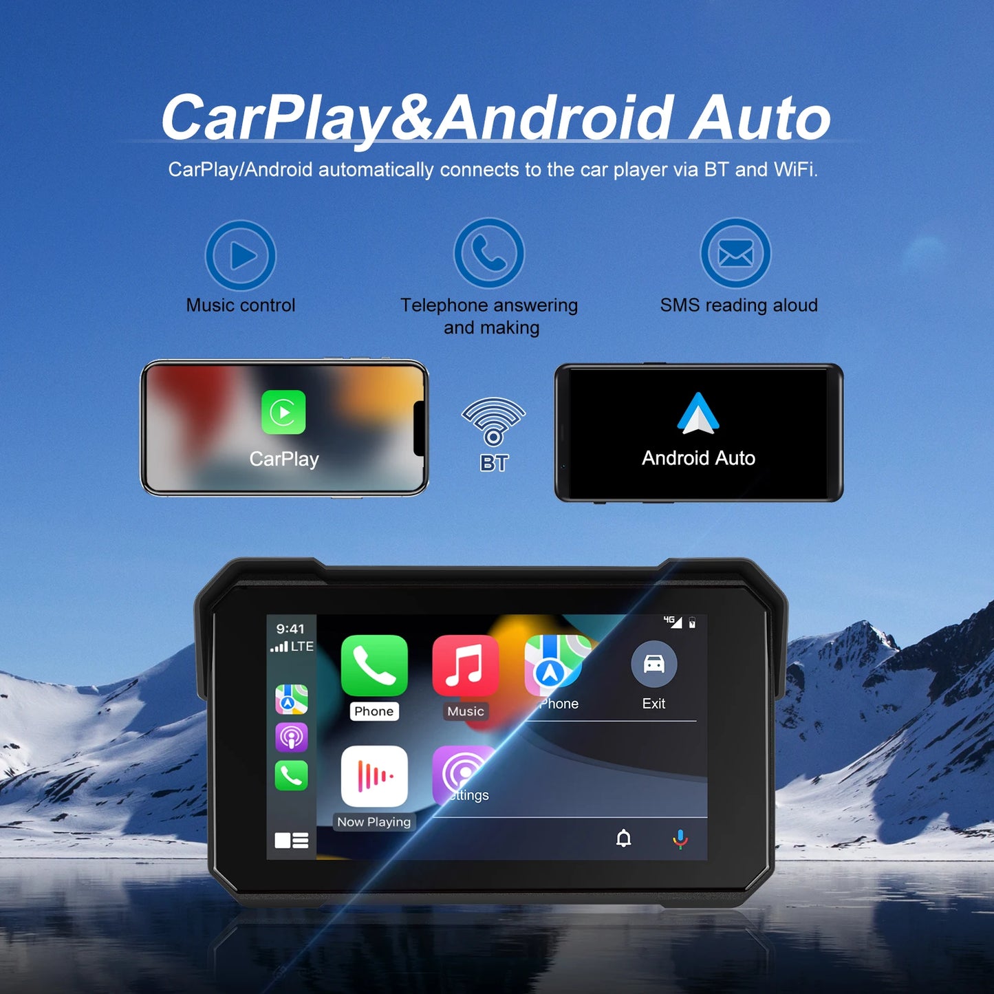 Podofo 5 ''IPS écran moto Carplay Android réglage automatique de la luminosité IP68 étanche Bluetooth 5.0 lecteur d'écran intelligent