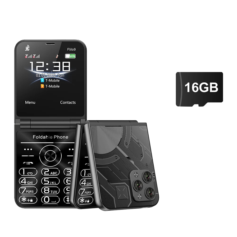 Prix bas Vente SERVO Flilo9 3G Flip téléphone portable 2 carte SIM cadran de vitesse liste noire enregistrement d'appel Radio FM 2.6 pouces téléphone portable pliable MP4