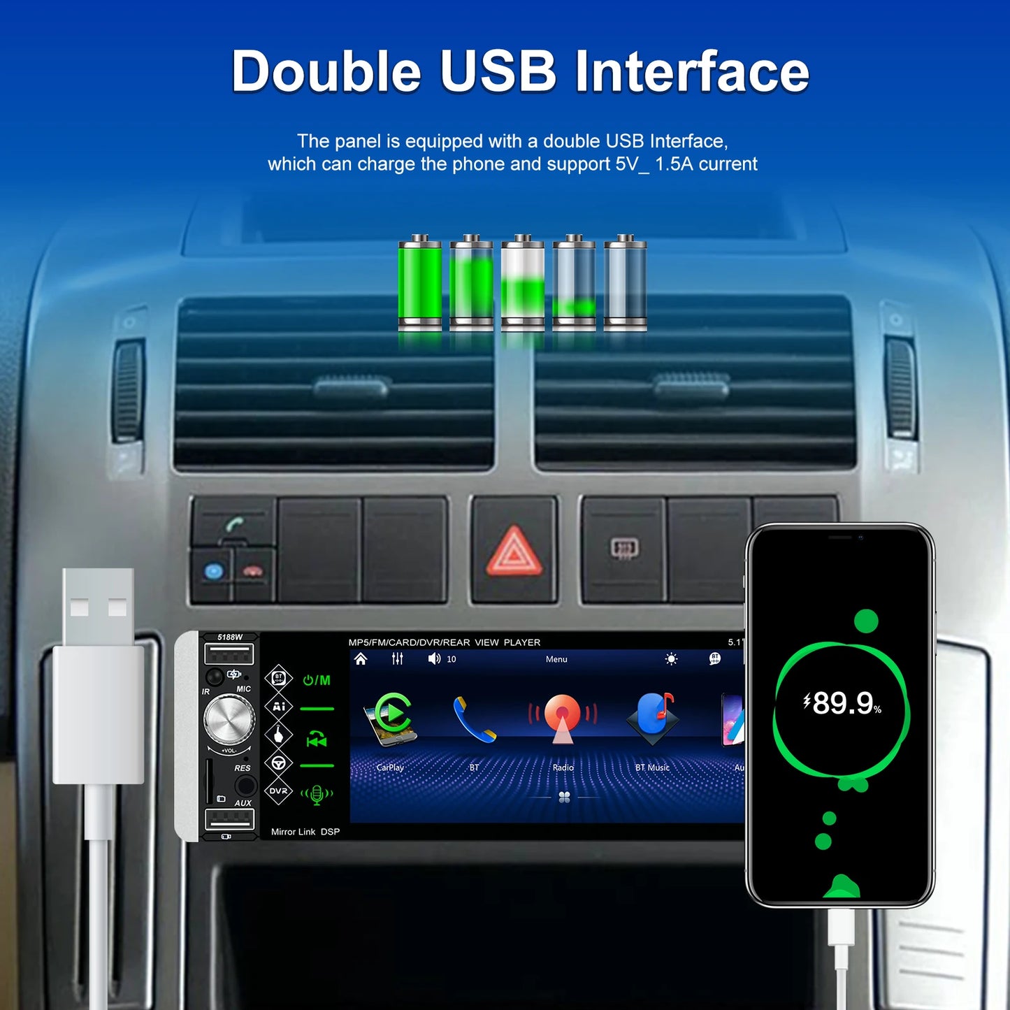 Hikity Carplay 5.1 ''HD 1 Din autoradio lecteur MP5 avec Bluetooth récepteur Radio FM Support TF/USB FM AM RDS USB lien miroir