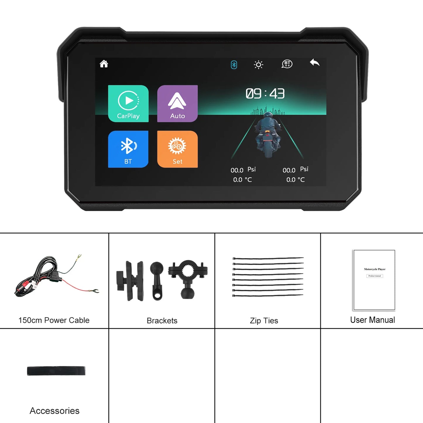 Podofo 5 ''IPS écran moto Carplay Android réglage automatique de la luminosité IP68 étanche Bluetooth 5.0 lecteur d'écran intelligent