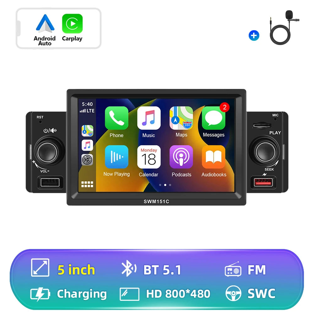 Hikity-Autoradio universel 1 Din, Carplay, Lecteur MP5, Auto Stéréo, Audio Bluetooth, Touriste, USB, Toyota, Nissan, KIA