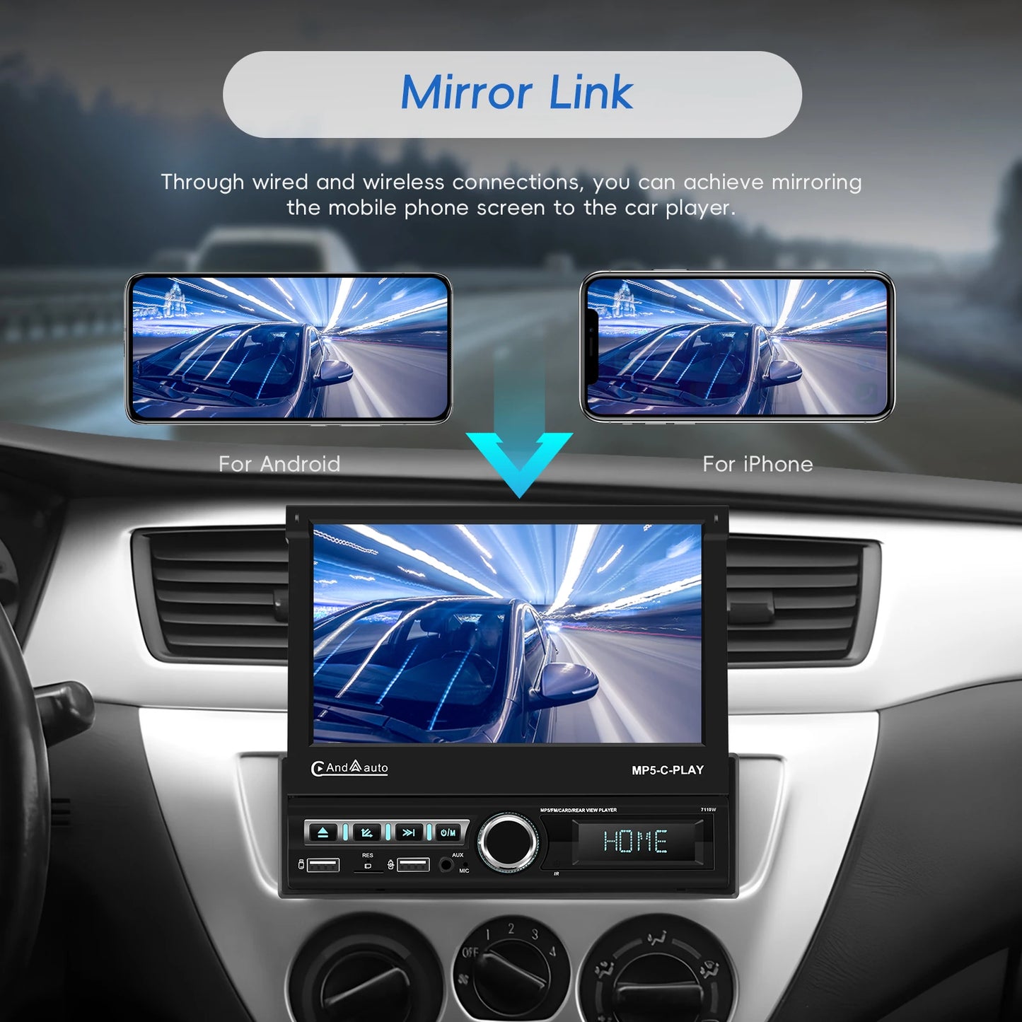 Hikity 7 "écran rétractable motorisé 1DIN Android autoradio lecteur multimédia double Port USB Carplay 1din Autoradio FM