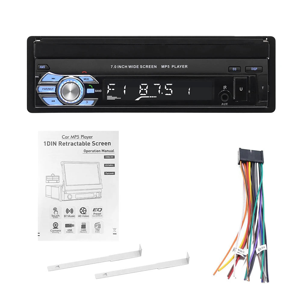 Autoradio avec écran tactile rétractablePodoNuremberg , Bluetooth, FM, USB, EQ, 4 cœurs, 7 ", lecteur MP5, Mirrorexhaus, 1Din