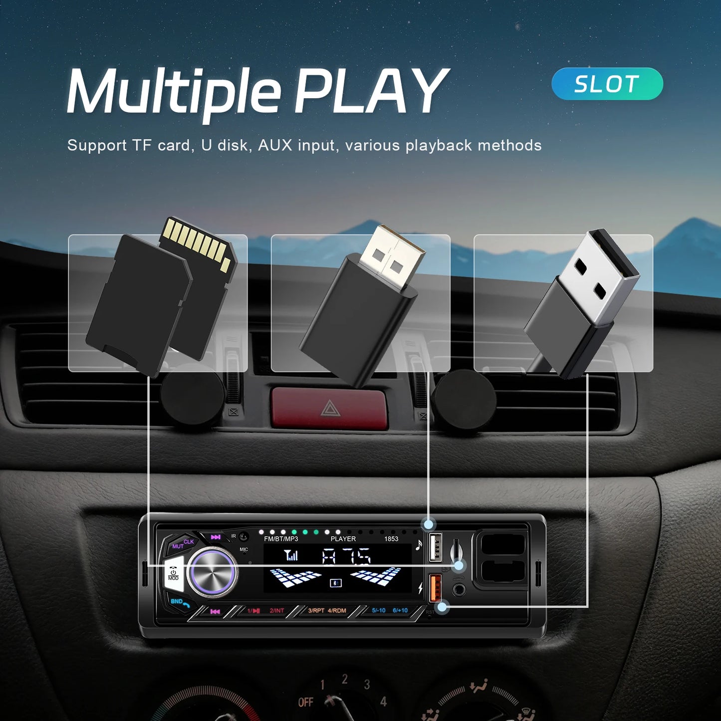 Autoradio stéréo Bluetooth avec support pour téléphoneLeekooluu , lecteur MP3, récepteur FM, prise en charge du chargement du téléphone, carte AUX, USB, TF, 1Din