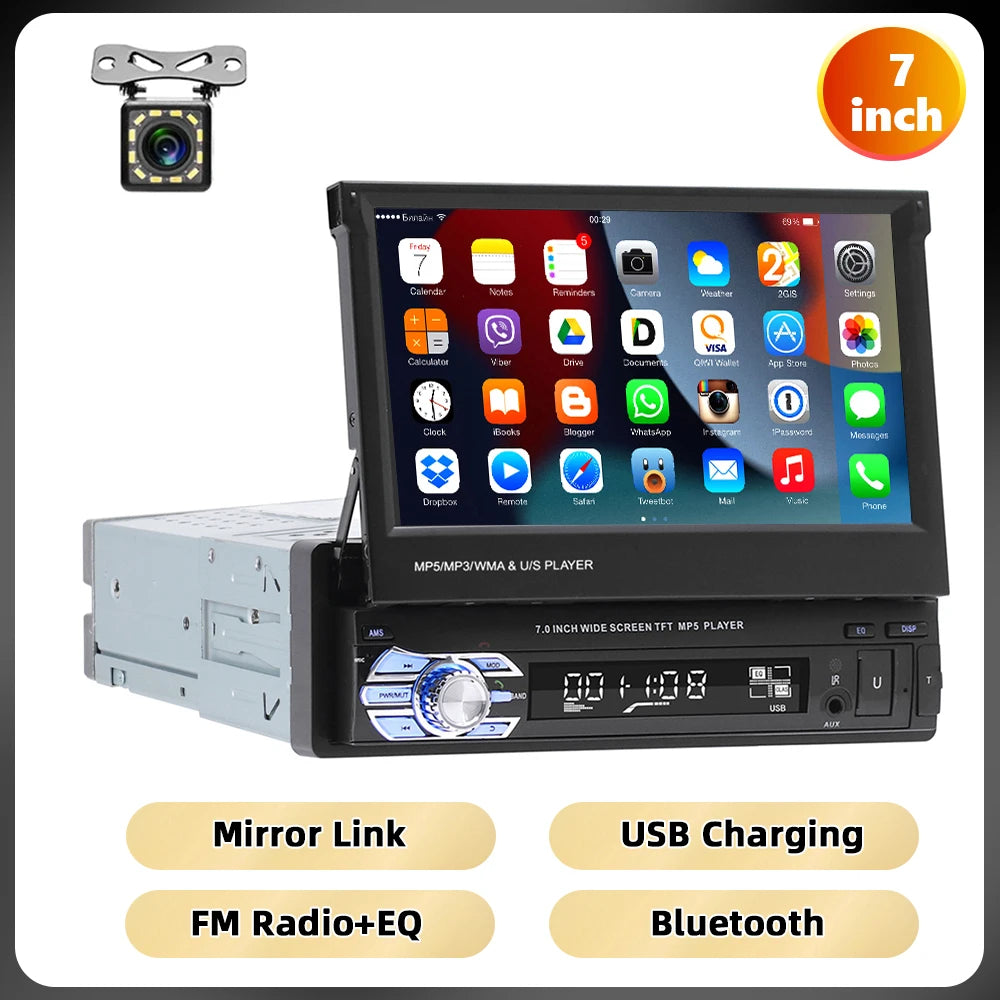 Autoradio avec écran tactile rétractablePodoNuremberg , Bluetooth, FM, USB, EQ, 4 cœurs, 7 ", lecteur MP5, Mirrorexhaus, 1Din