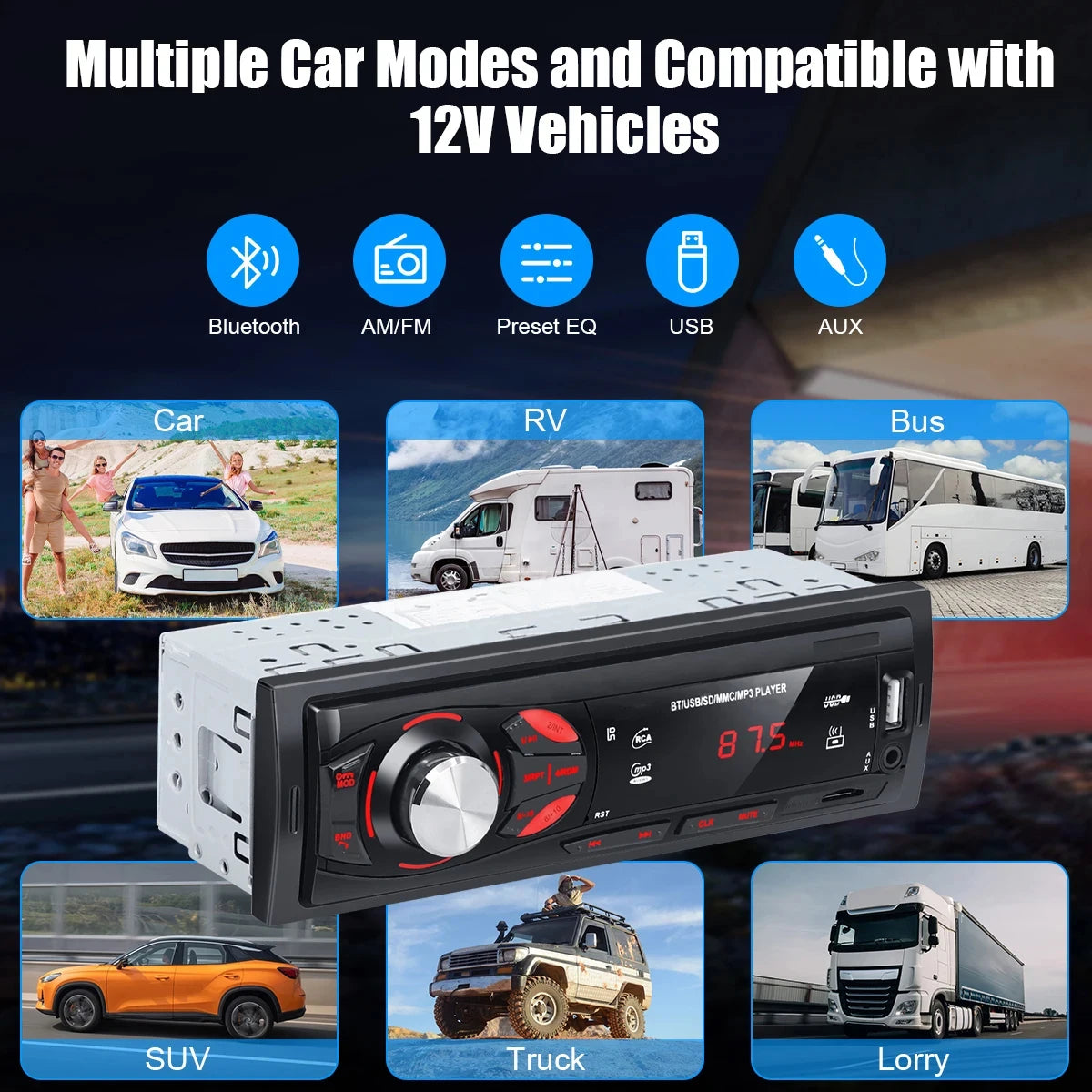 Autoradio PHONEPACE Bluetooth 4x15W voiture Audio FM Radio lecteur MP3 USB/SD/AUX appel mains libres avec télécommande sans fil