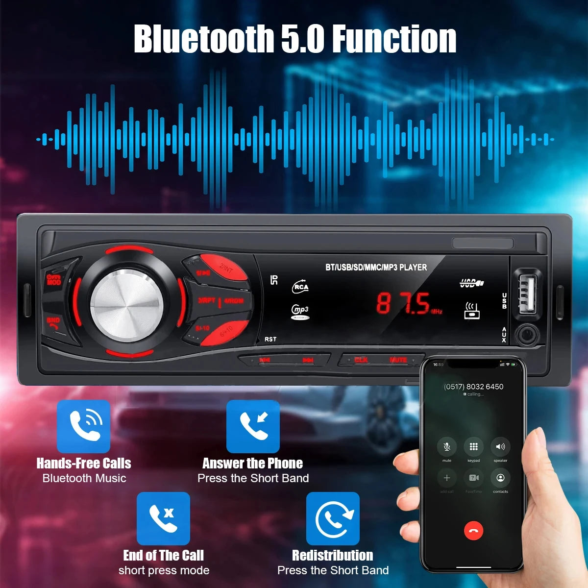Autoradio PHONEPACE Bluetooth 4x15W voiture Audio FM Radio lecteur MP3 USB/SD/AUX appel mains libres avec télécommande sans fil