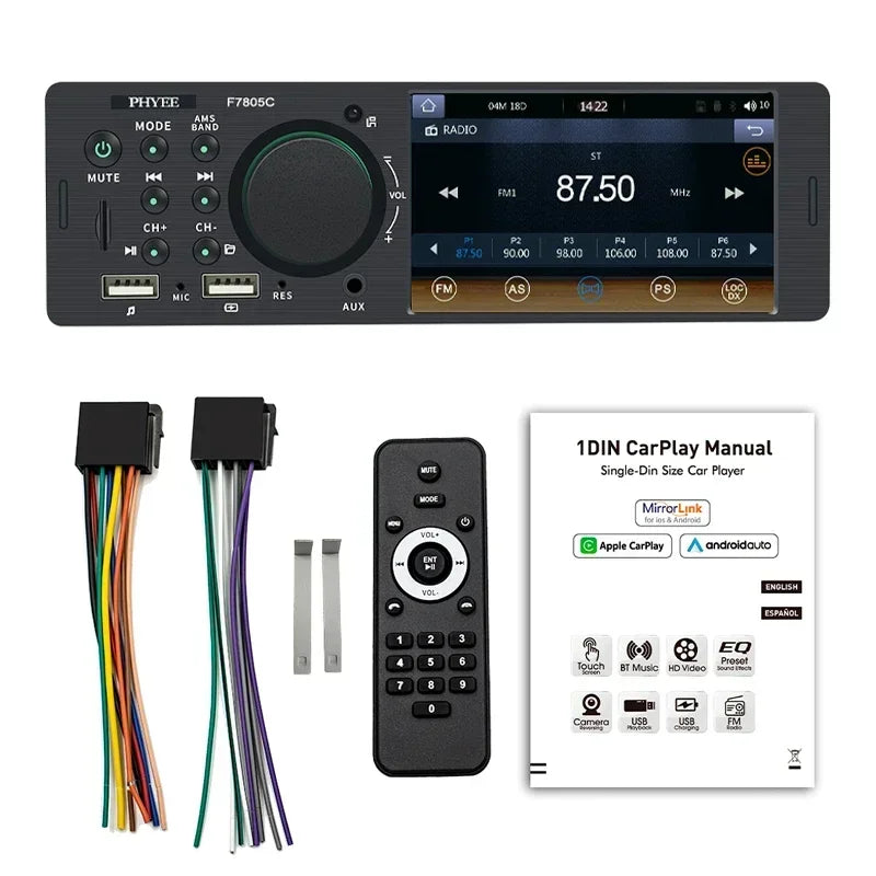 Autoradio CarPlay, Bluetooth, Android Auto, Lecteur MP5, Mains Libres, A2DP, USB, Stéréo, Système Audio, Limitation, Unité Principale, F7805C, 1 Din, 4"