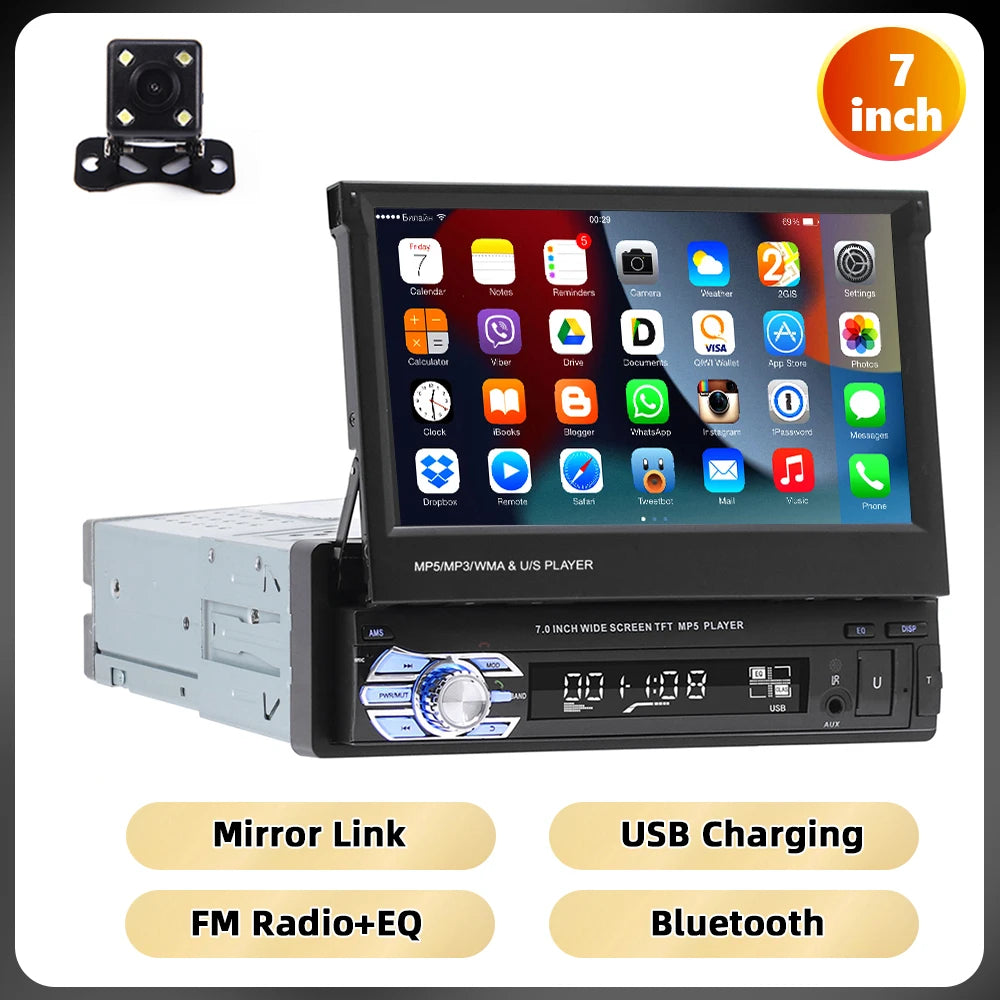 Autoradio avec écran tactile rétractablePodoNuremberg , Bluetooth, FM, USB, EQ, 4 cœurs, 7 ", lecteur MP5, Mirrorexhaus, 1Din