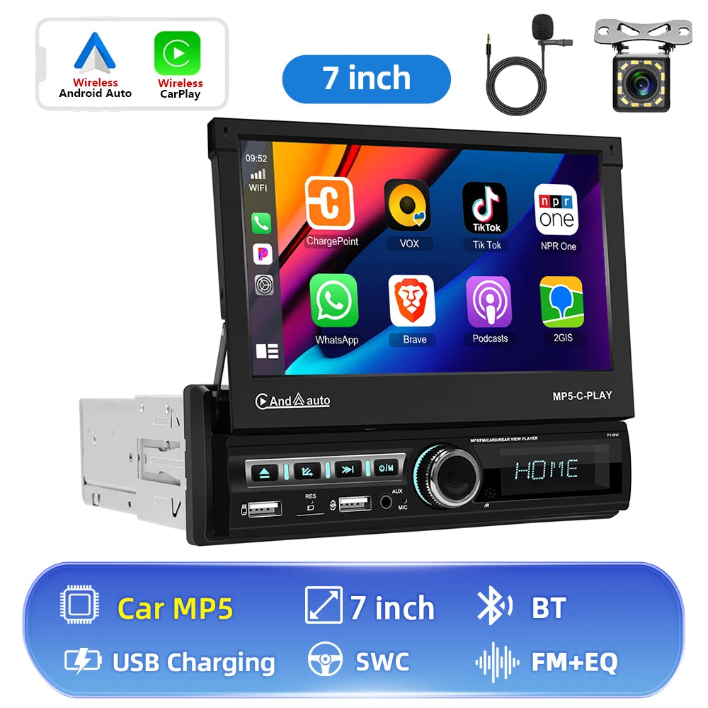 Hikity 7 "écran rétractable motorisé 1DIN Android autoradio lecteur multimédia double Port USB Carplay 1din Autoradio FM