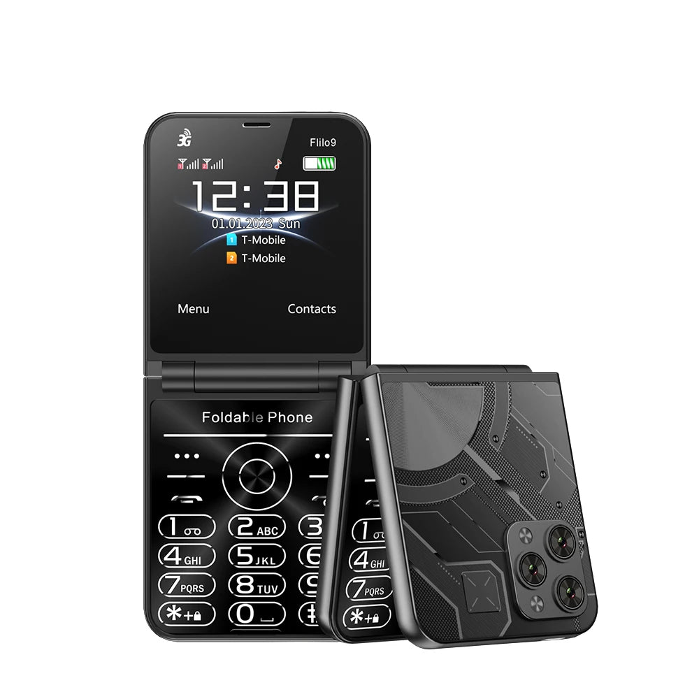 Prix bas Vente SERVO Flilo9 3G Flip téléphone portable 2 carte SIM cadran de vitesse liste noire enregistrement d'appel Radio FM 2.6 pouces téléphone portable pliable MP4