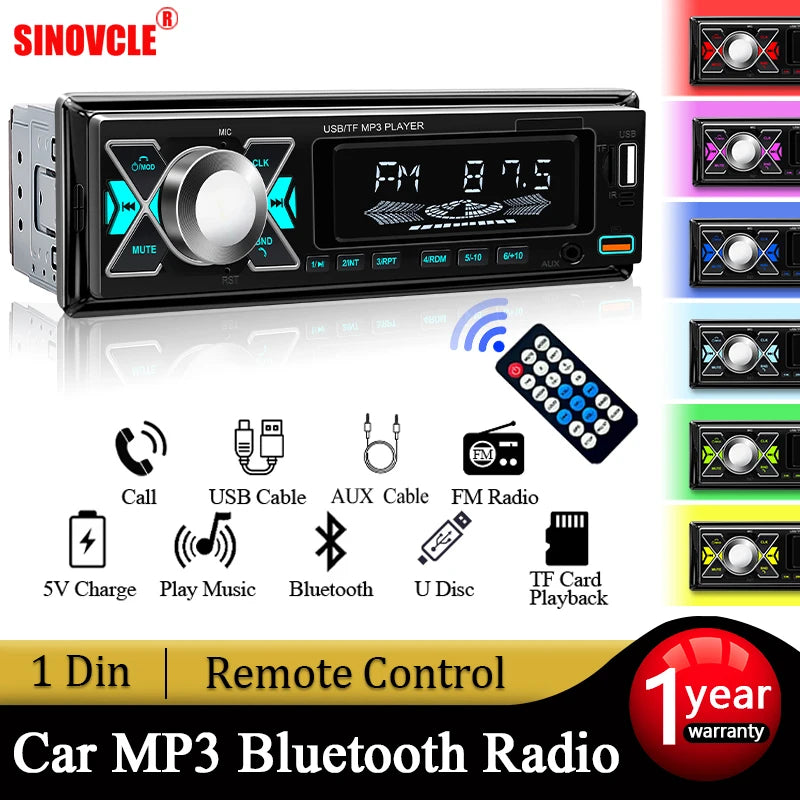 Autoradio Voiture 1 din Radio Audio stéréo lecteur MP3 Bluetooth multimédia stéréo numérique pour voiture universel coloré avec entrée Aux USB