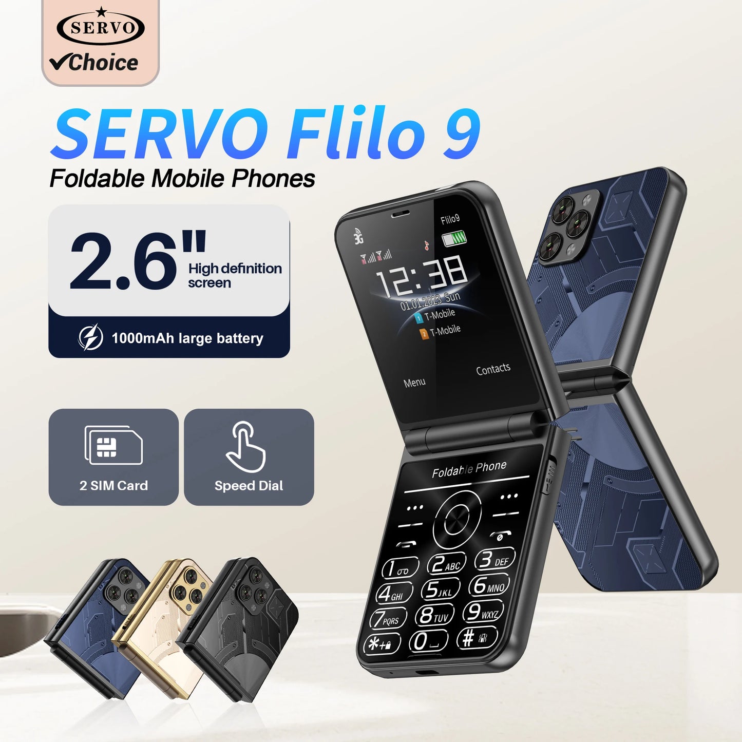 Prix bas Vente SERVO Flilo9 3G Flip téléphone portable 2 carte SIM cadran de vitesse liste noire enregistrement d'appel Radio FM 2.6 pouces téléphone portable pliable MP4