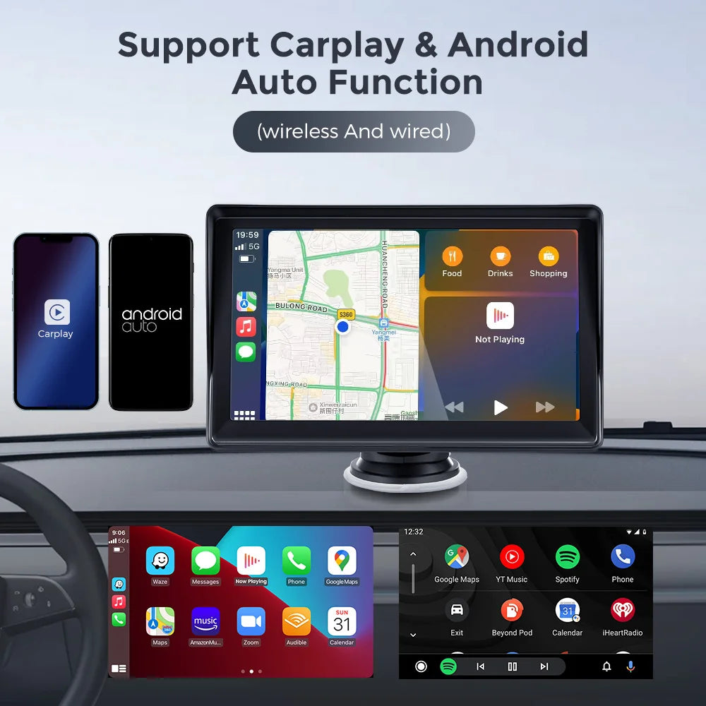 Autoradio Android sans fil avec transmetteur FM, lecteur de limitation stéréo, BT, WiFi, AUX, écran USB, 7 pouces