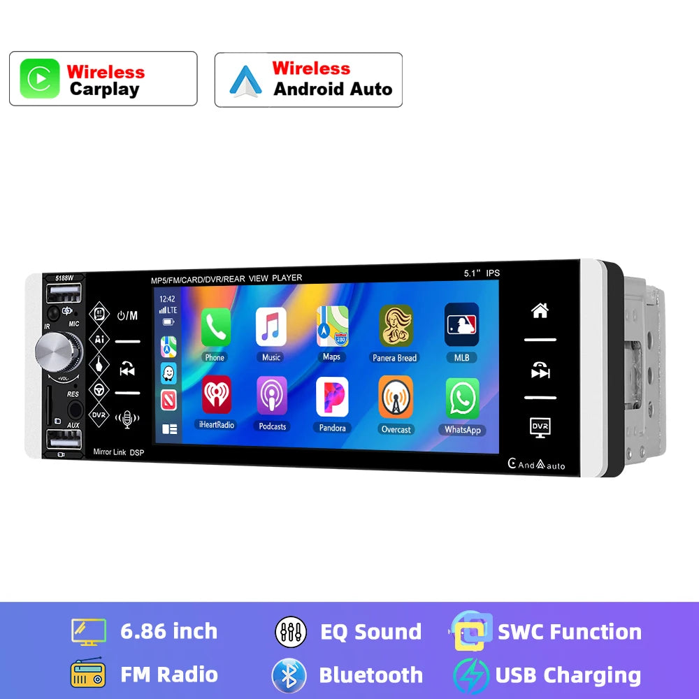 Hikity Carplay 5.1 ''HD 1 Din autoradio lecteur MP5 avec Bluetooth récepteur Radio FM Support TF/USB FM AM RDS USB lien miroir