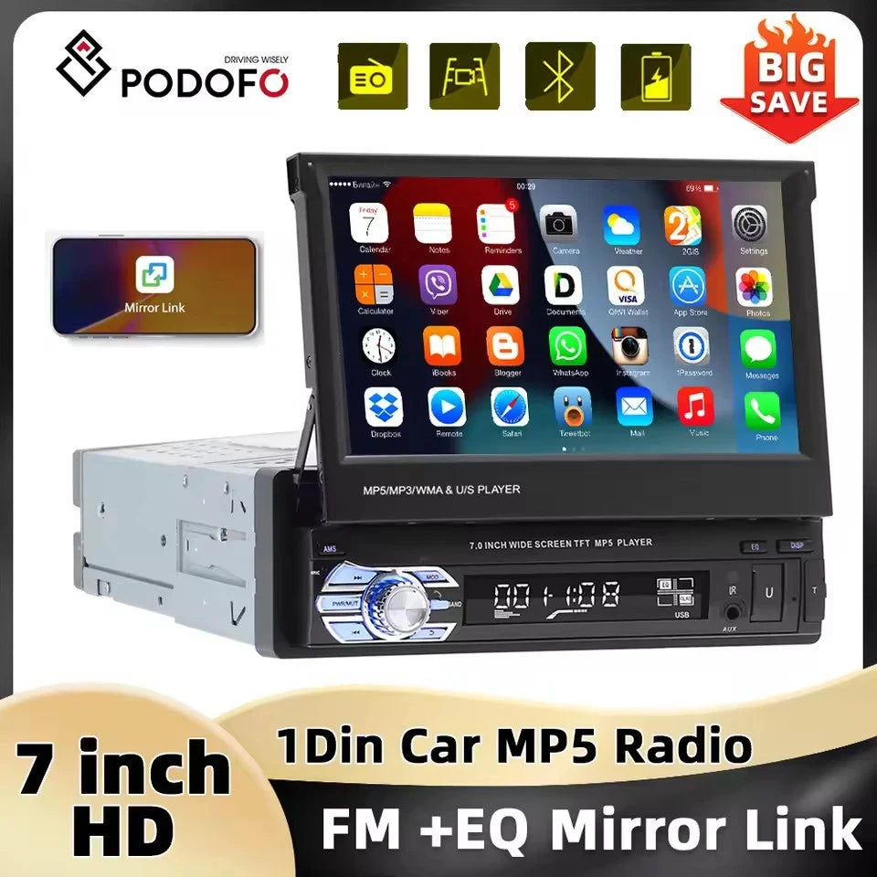 Autoradio avec écran tactile rétractablePodoNuremberg , Bluetooth, FM, USB, EQ, 4 cœurs, 7 ", lecteur MP5, Mirrorexhaus, 1Din