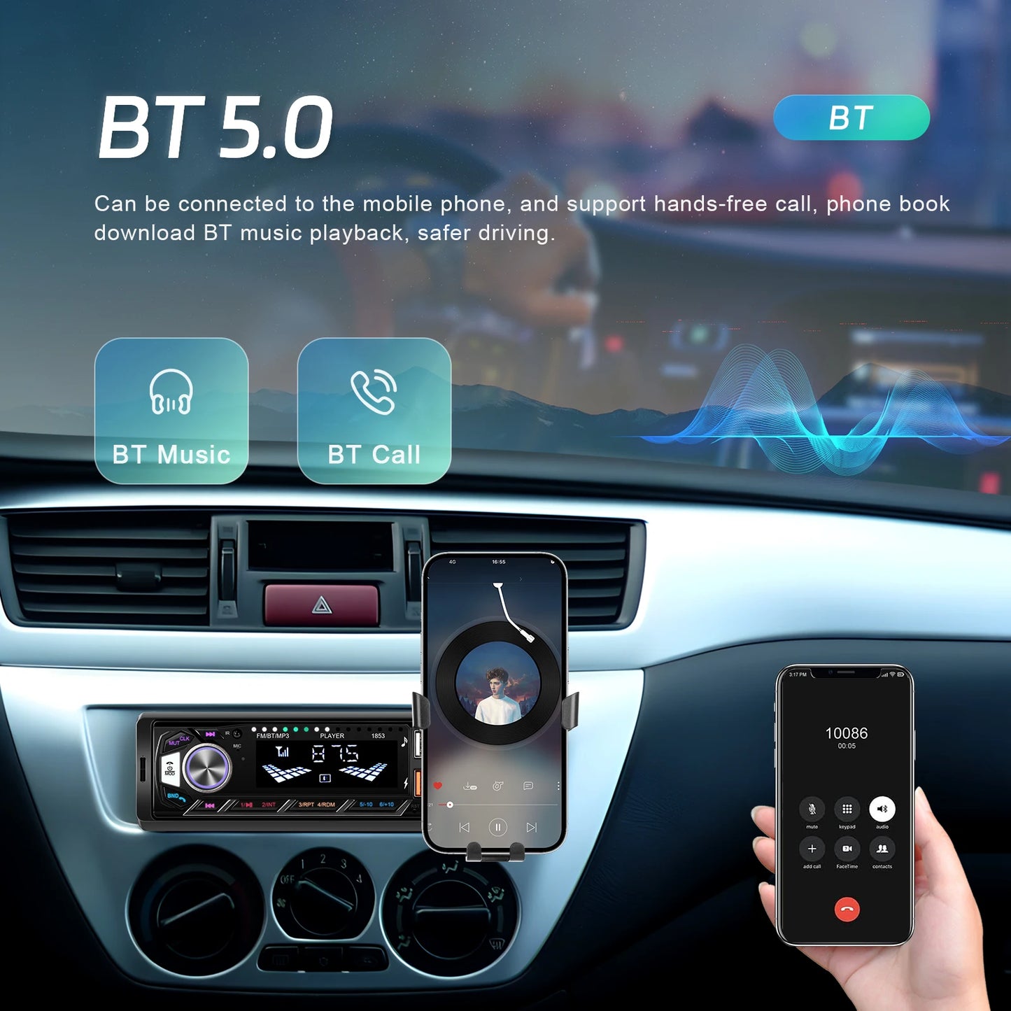 Autoradio stéréo Bluetooth avec support pour téléphoneLeekooluu , lecteur MP3, récepteur FM, prise en charge du chargement du téléphone, carte AUX, USB, TF, 1Din